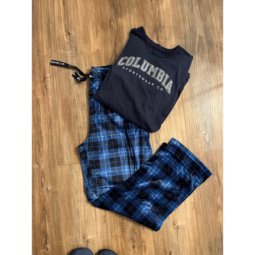 Columbia Mens Pajama Set Navy Blue Long Sleeve Top Plaid Fleece Pants Medium
